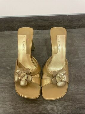 Nine West Metallic Gold Floral Mule Sandals